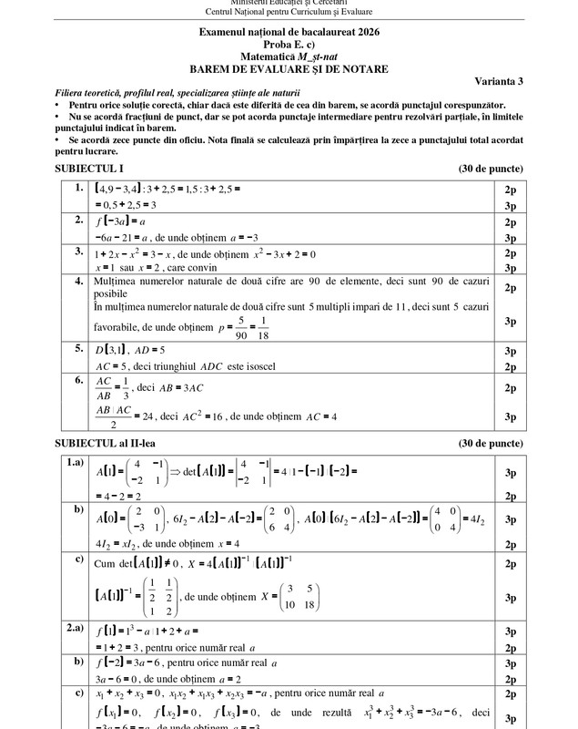 Baremul de corectare la BAC matematică 2026