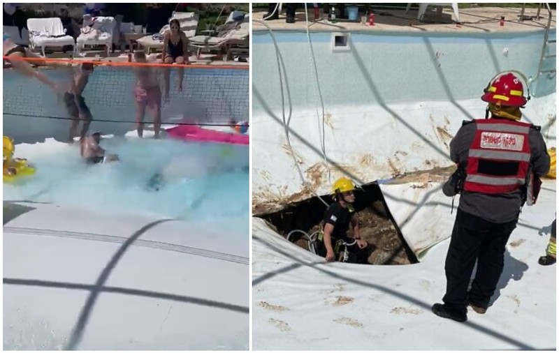 Momentul în care un crater se deschide în piscină și vârtejul de apă înghite un om, la o petrecere cu 50 de invitați, în Israel