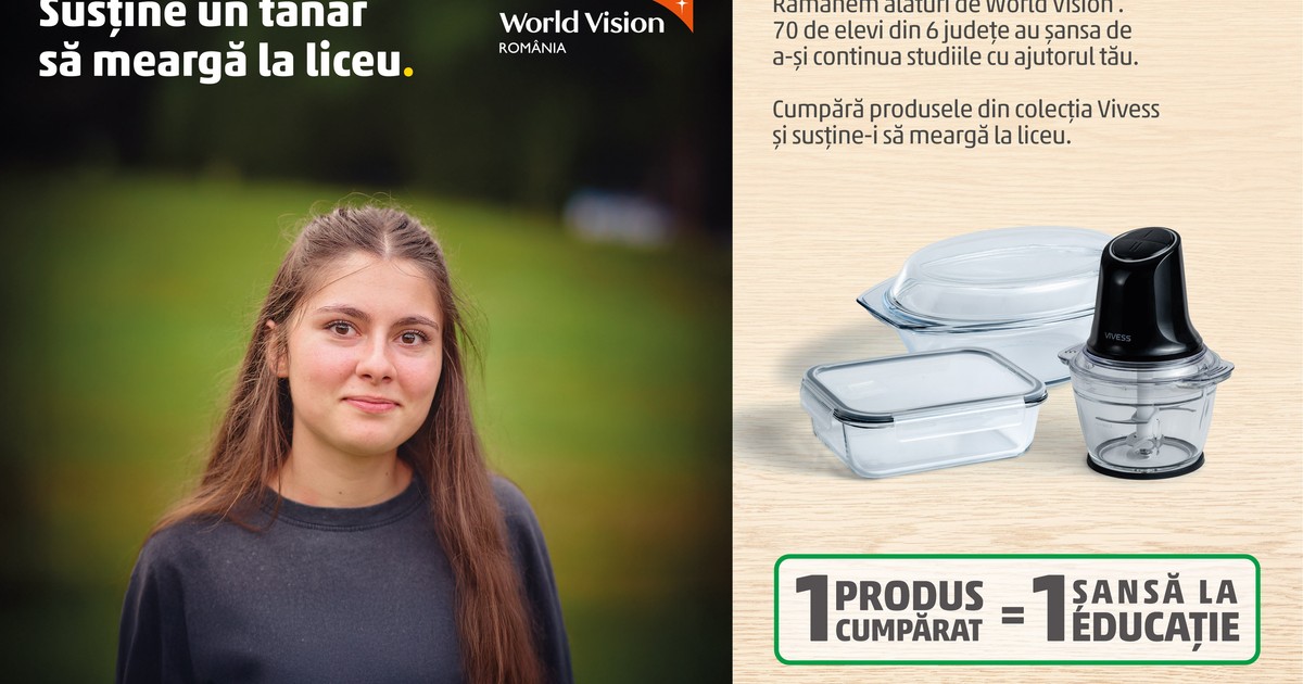 Sustine un tanar sa mearga la liceu. Ramanen alaturi de World Vision. 70 de elevi din 6 judete au sansa de a-si continua studiile cu ajutorul tau. Cumpara produsele din colectia Vivess si sustine-i sa mearga la liceu. 1 produs cumparat = 1 sansa la educatie