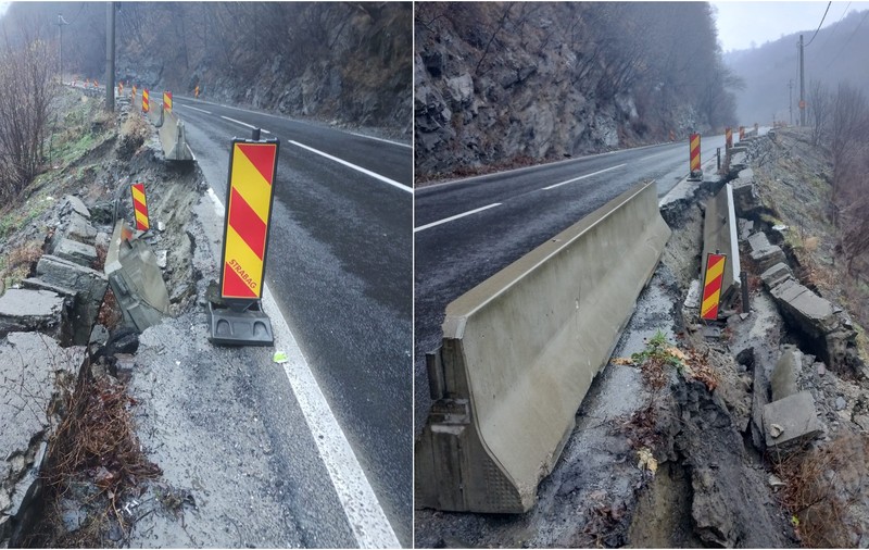Probleme pe DN7, între Râmnicu Vâlcea şi Sibiu. O porțiune din drum s-a surpat, mai mulți copaci au căzut pe carosabil