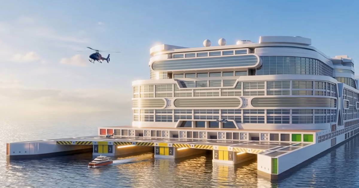 Randare 3D cu Freedom Ship, o navă atât de mare încât ar funcționa ca un oraș plutitor. La bord ar putea locui sau călători până la 80.000 de oameni, iar nava ar avea școli, spital, magazine, restaurante, hoteluri, bănci, muzee, stadion, parc acvatic și heliporturi.