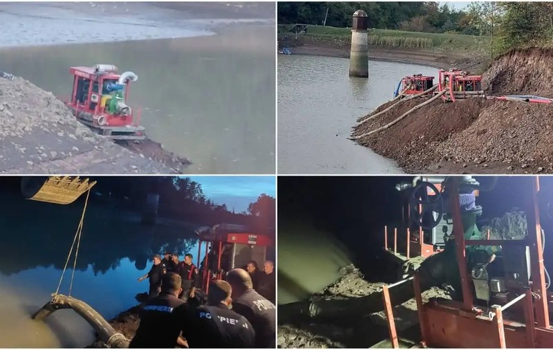 FOTO: Intervenția la barajul lacului Tăul Mare din Roșia Montană continuă. Cu cât a scăzut nivelul apei