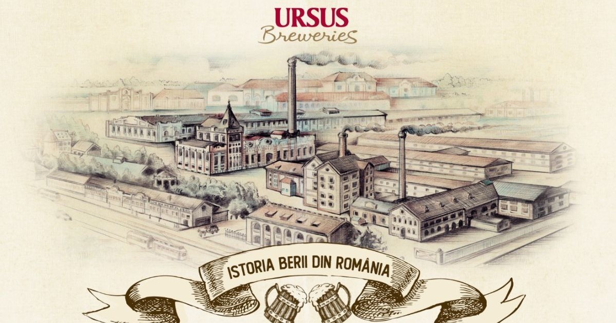 Desen cu o fabrică de bere, pe fundal crem cu un frontispiciu pe care stă scris: Istoria berii în România