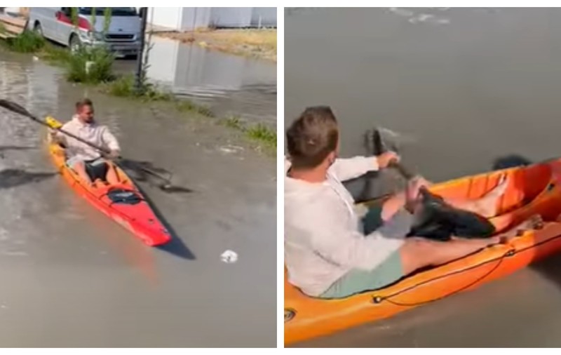 VIDEO | Plimbare cu caiacul pe străzile inundate din Mamaia. „Face valuri băiatul”