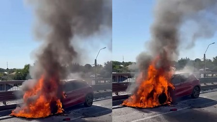 Mașină în flăcări pe DN5, la Daia, între Giurgiu și București Sursa foto: Captura Facebook/ ISU Giurgiu