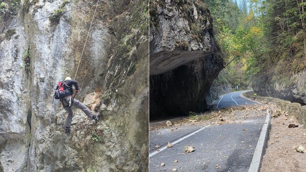 Lucrări de rânguire a versantului pe DN 12C, în zona Bicaz-Chei