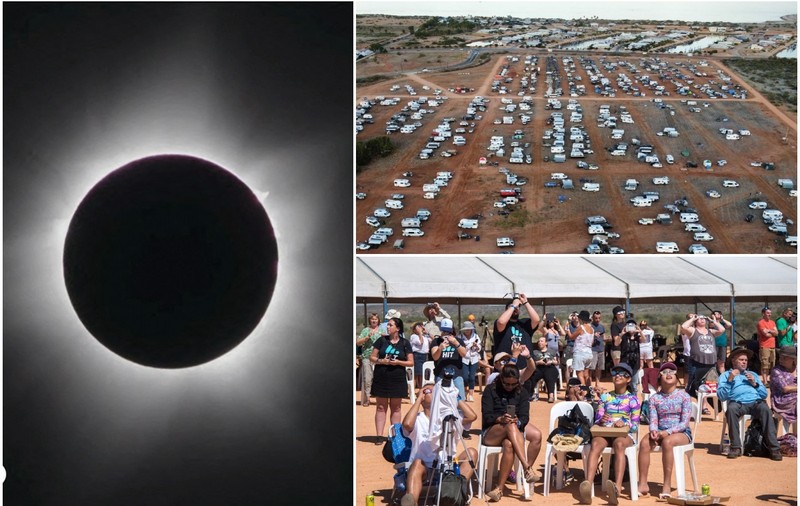 Eclipsă solară hibridă totală, vizibilă dintr-un orășel din nord-vestul Australiei care a fost luat cu asalt de mii de oameni