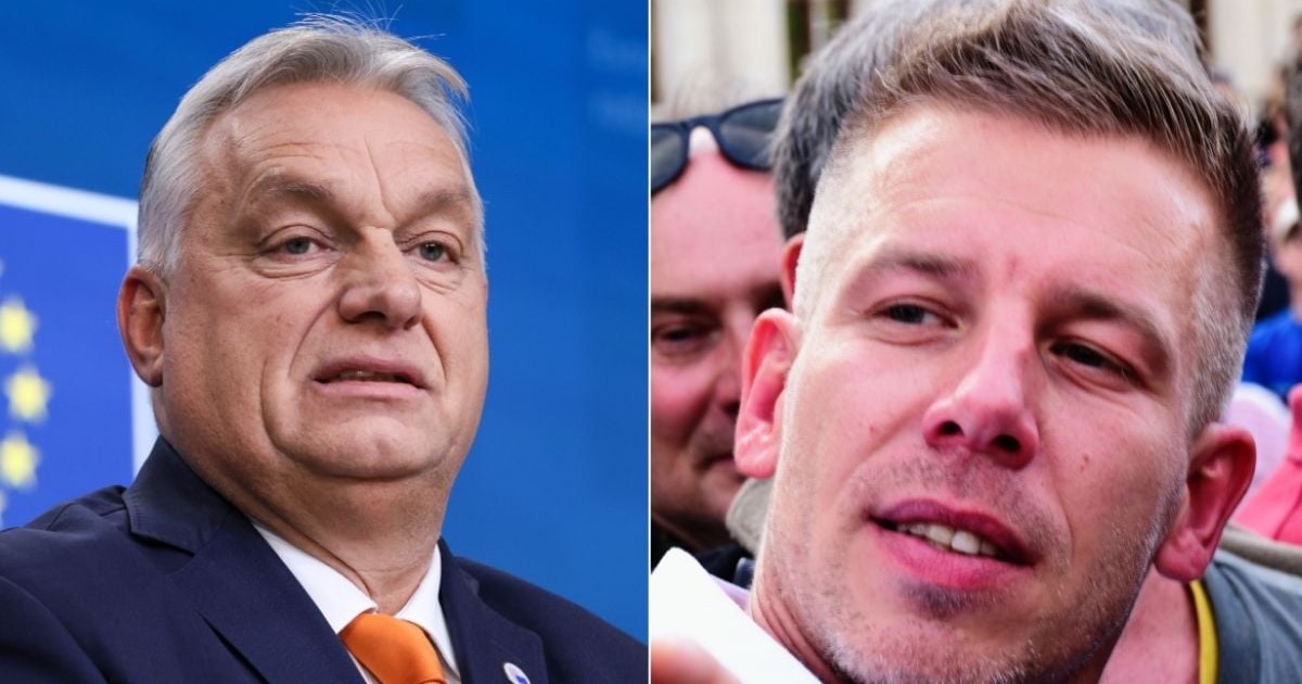 Colaj cu două fotografii: în stânga, Viktor Orban, îmbrăcat în costum cu cravata portocalie, iar în dreapta, Peter Magyar, în prim-plan, înconjurat de oameni