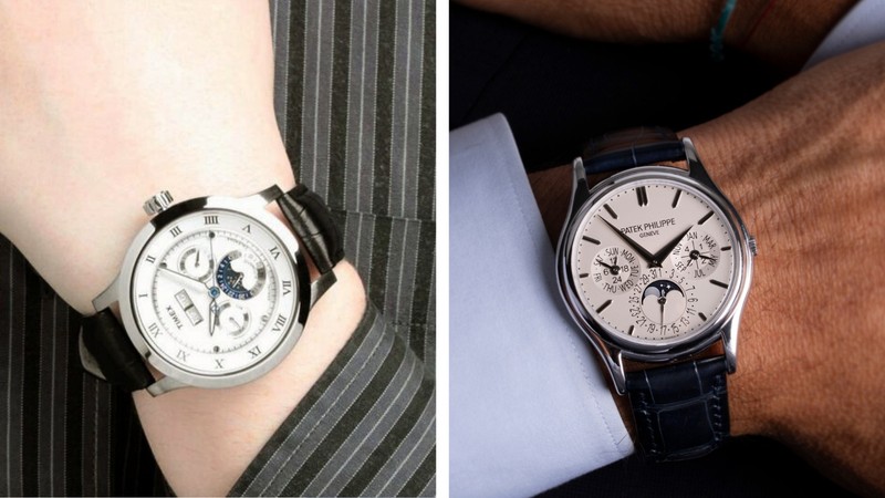 În stânga pozei, ceasul lui Ilie Bolojan: un Timex ref. T2N294 ce costă circa 650 de lei. În dreapta, Patek Philippe Calatrava ref. din aur alb cu complicația de calendar perpetuu - un ceas de sute de mii de euro.