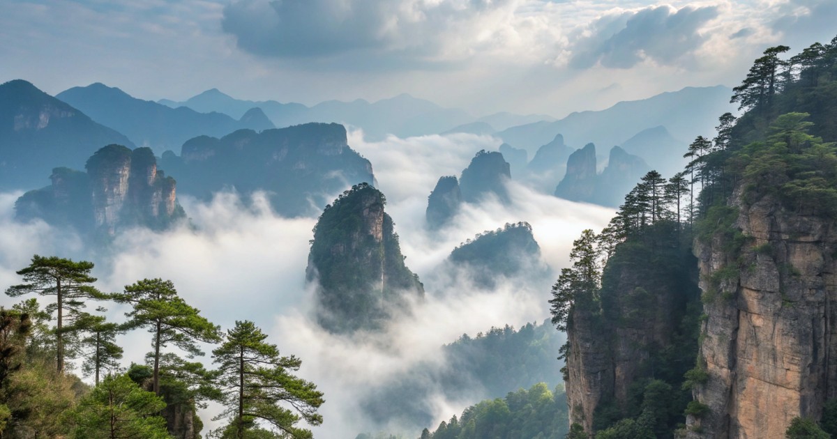 Peisaj spectaculos cu cu munți, ceață și copaci din Zhangjiajie, China
