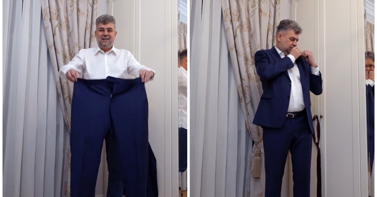 Colaj foto cu Marcel Ciolacu în timp ce se îmbracă cu un costum de culoare albastră și o cămasă de culoare albă