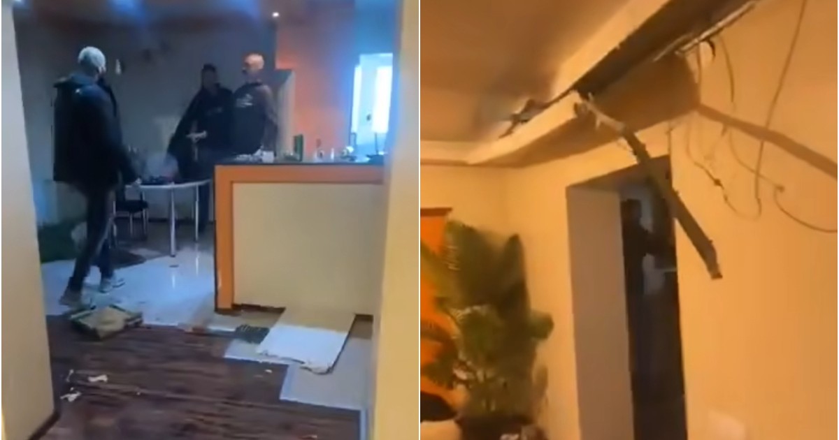Imaginile arată un apartament distrus de fanii huligani ai echipei Feyenoord, care se filmează în timp ce provoacă pagube. Mobilierul este răvășit, iar pereții sunt deteriorați, creând un tablou de distrugere totală.