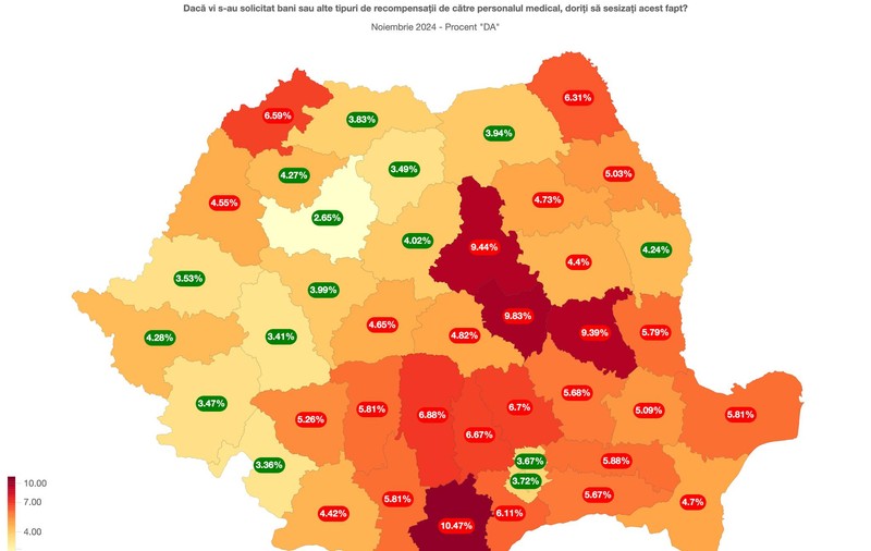 Harta Șpăgii în spitalele din România pe luna noiembrie. Care este județul cel mai „curat”