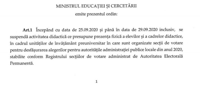 Ordinul de ministru pentru închiderea școlilor în perioada alegerilor locale