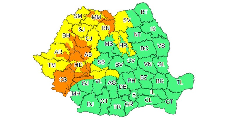 Codul portocaliu de ploi este valabil de sâmbătă de la ora 12.00 până duminică la aceeași oră. Codul galben de ploi este valabil de sâmbătă de la ora 10.30 până duminică la ora 12.00