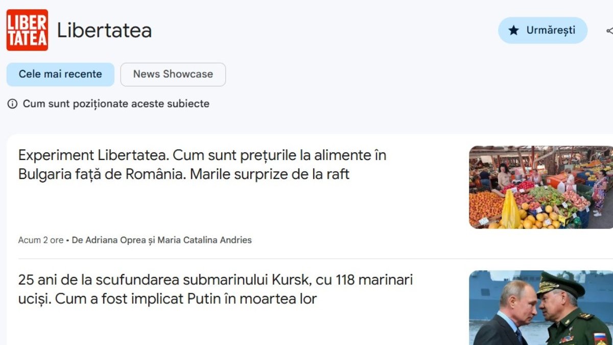 Printscreen cu două știri publicate de Libertatea și afișate în modulul Google News (Știri Google)