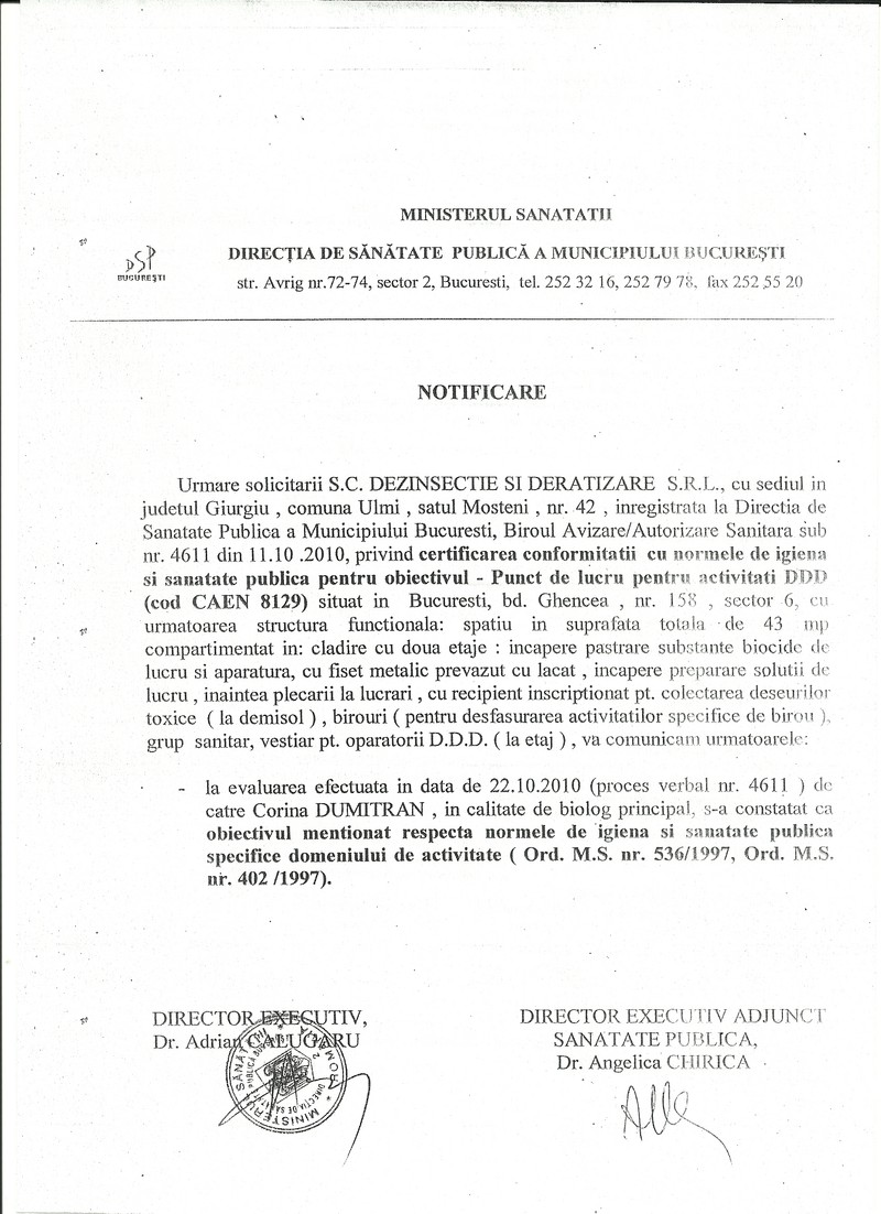 Autorizaţia de la DSP Bucureşti pentru firma giurgiuveană