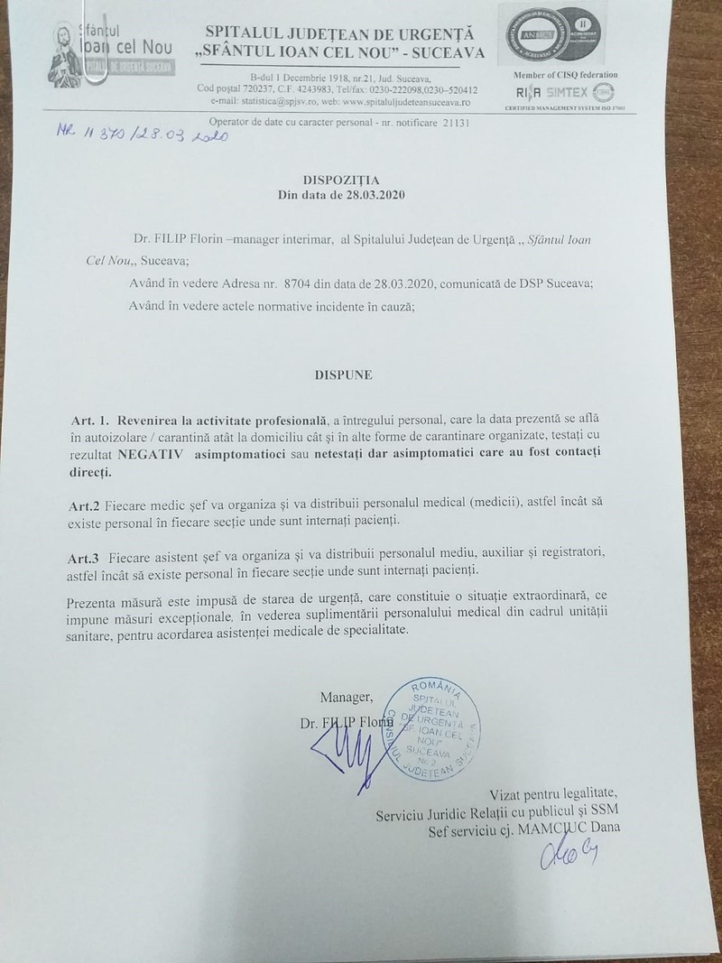 Documentul semnat de managerul interimar al spitalului din Suceava