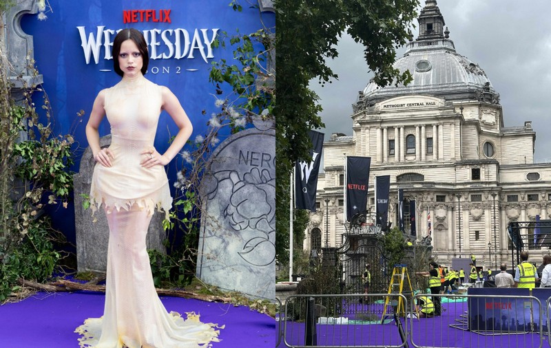 Imagini din centrul Londrei, unde a avut loc premiera serialului „Wednesday”, sezonul 2. Aici, pe covorul mov, au defilat Jenna Ortega și Catherine Zeta-Jones