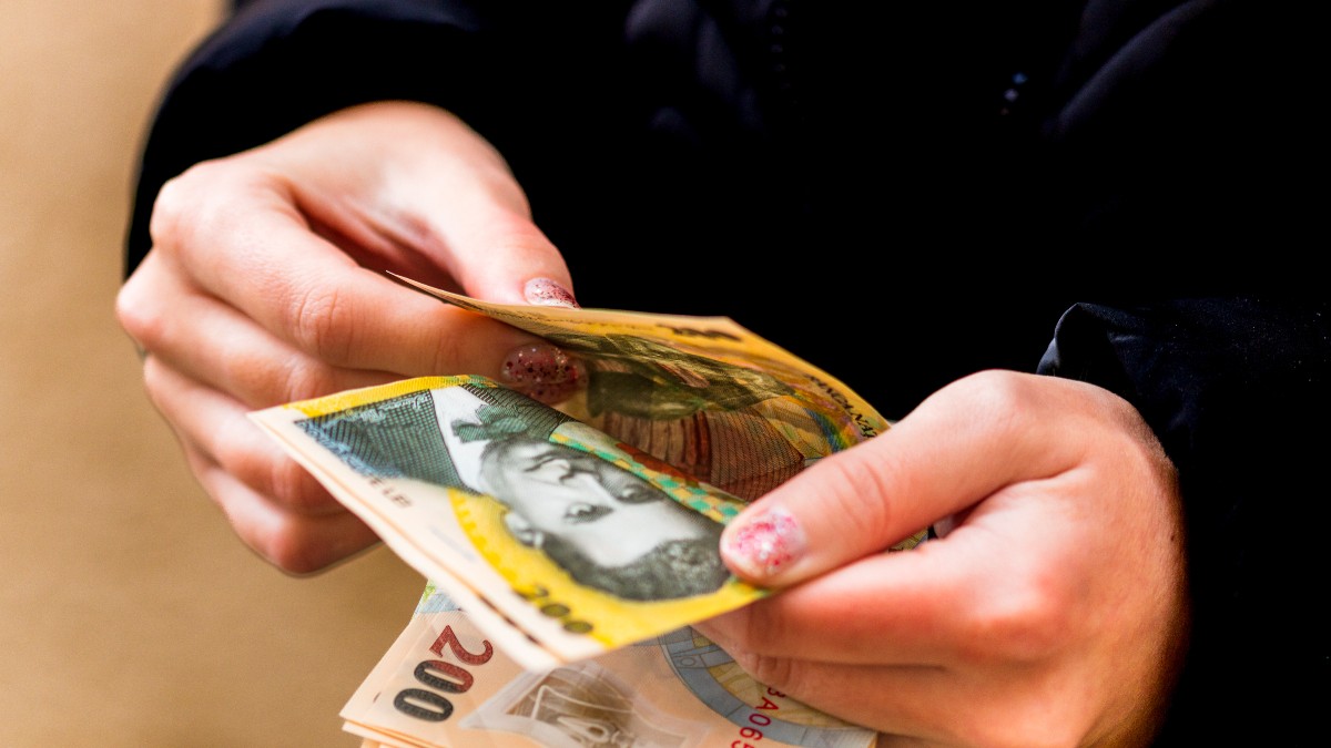 Imaginea, un prim-plan realizat în lumină slabă, surprinde o persoană care numără bancnote românești (Lei), vizibile fiind o bancnotă de 200 de lei și o bancnotă de 10 lei. Mâinile care țin și manevrează banii au o manichiură cu ojă sidefată, pe fundalul unei haine închise la culoare.