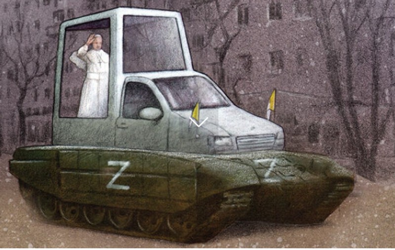 Papa Francisc, pe un tanc inscripționat cu litera Z - desen pe coperta unui săptămânal din Polonia. „Cuvinte scandaloase”