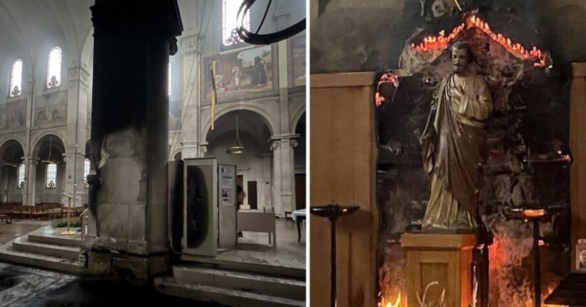 Colaj cu incendiile de la Biserica Notre-Dame-des-Champs, din Paris, 23-25 iulie 2025, se vede in imagini o statuie cu Isus in flacari in dreapta, in stanga interiorul bisericii ars, Suspectul este Pagubele sunt estimate la 2-3 milioane de euro