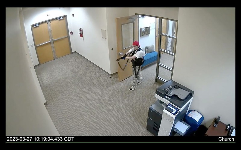 epa10546343 A frame grab from a handout surveillance video released by Metro Nashville Police Department shows alleged shooter they identify as Audrey Elizabeth Hale during the shooting at the Covenant School, Covenant Presbytarian Church, in Nashville, Tennessee, USA, 27 March 2023. Metro Nashville Police report three adults and three children were killed by a shooter who was engaged and killed by police. EPA-EFE/METRO NASHVILLE POLICE DEPARTMENT HANDOUT EDITORIAL USE ONLY, NO SALES HANDOUT EDITORIAL USE ONLY/NO SALES