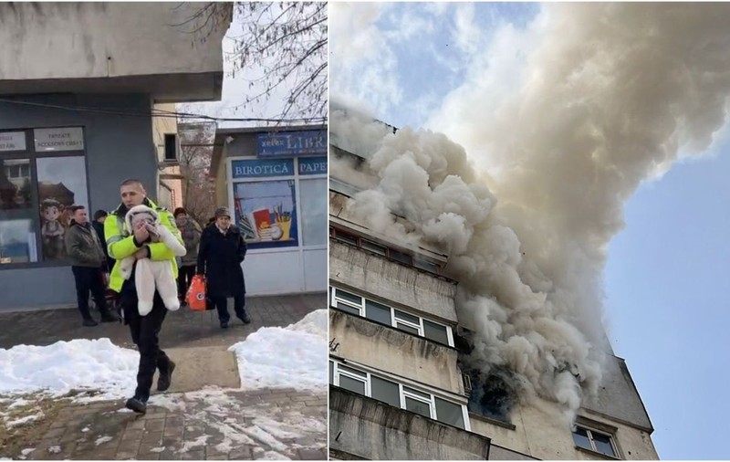 Momentul în care un polițist din Iași a salvat un bebeluș dintr-un bloc în care a izbucnit un incendiu
