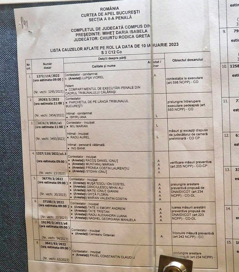 Cauza celor doi frați Tate este la punctul 6 pe rolul Curții de Apel București, la Secția II Penală