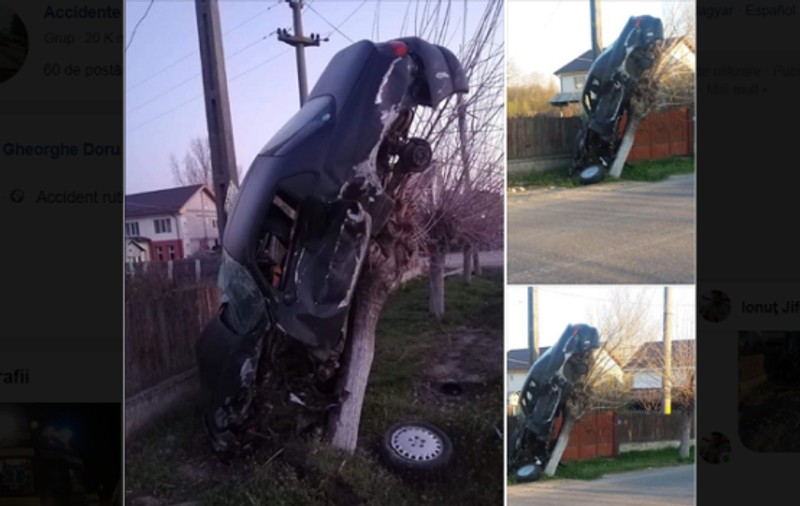 Accident incredibil în Olt: s-a „cocoțat” cu mașina în pom