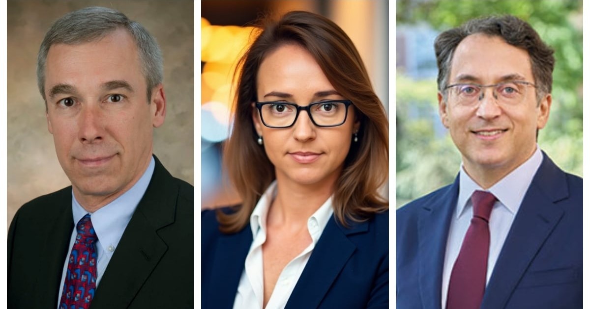 Colaj realizat din trei fotografii de tio portret cu trei specialiști în drept, Michael Schmitt, Tess Bridgeman și Ryan Goodman.