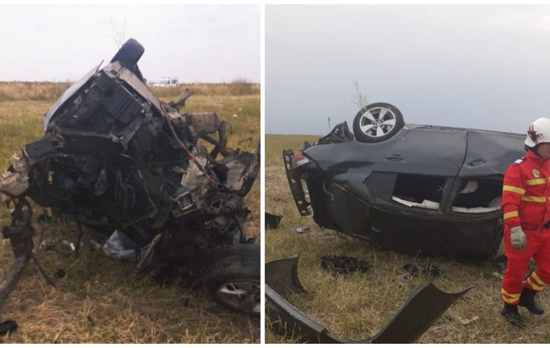 Mașină făcută morman de fiare vechi, după ce șoferul s-a răsturnat