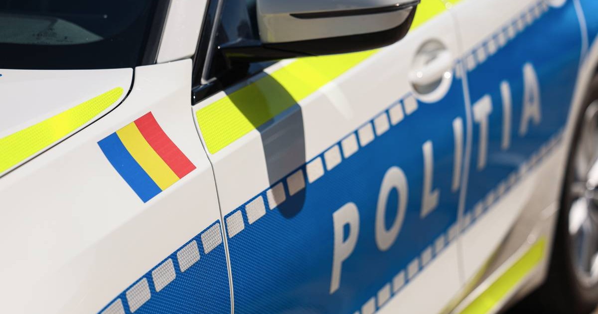 Ușa unei mașini de poliție parcate, cu însemnele Poliției Române și steagul României