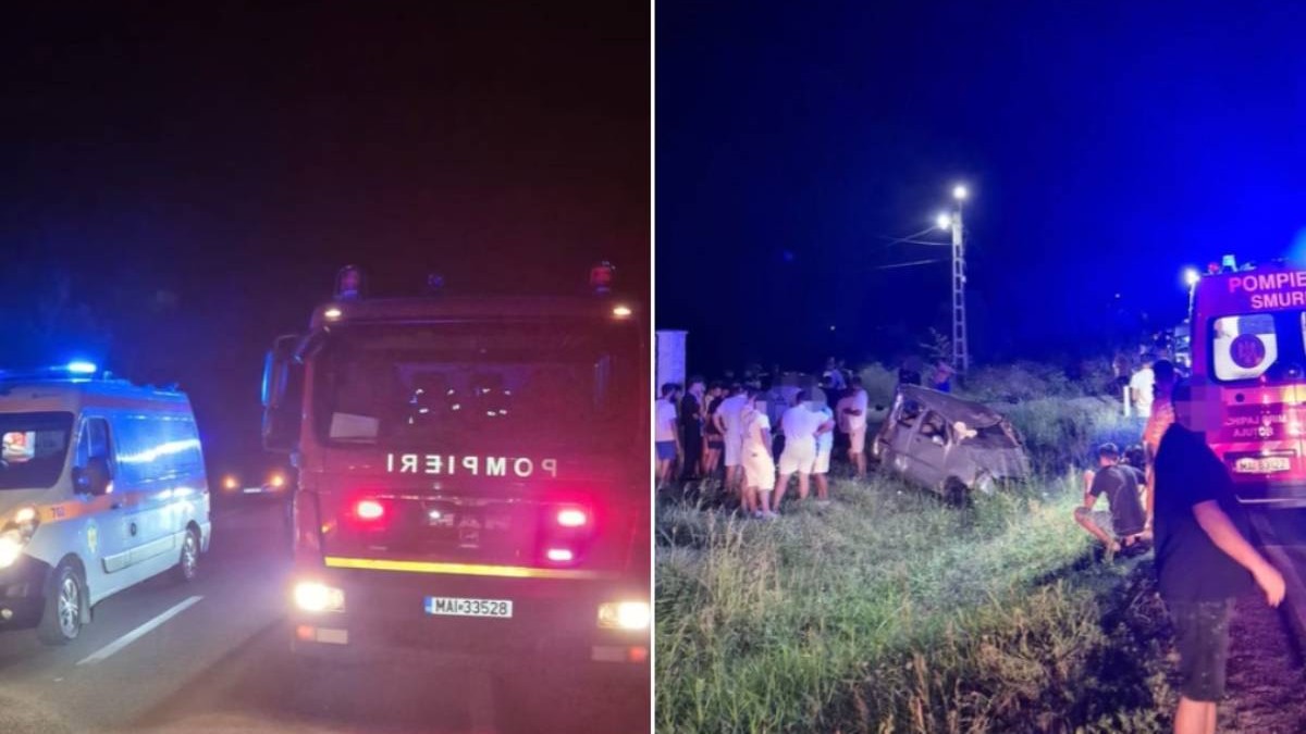 Colaj imagini noapte accident Dâmbovita, ambulante, pompieri, masina in șant
