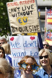 epa07458007 Several members of EuroCitizens association protest against Brexit at Margaret Thatcher Square, in Madrid, Spain, 23 March 2019. The demonstrators protested 'to defend the rights of five million of European people living in UK and British citizens residing in European Union' and they demanded a second referendum about the Britain's exit. Eurocitizens belongs to British in Europe coalition. EPA-EFE/JAVIER LIZON