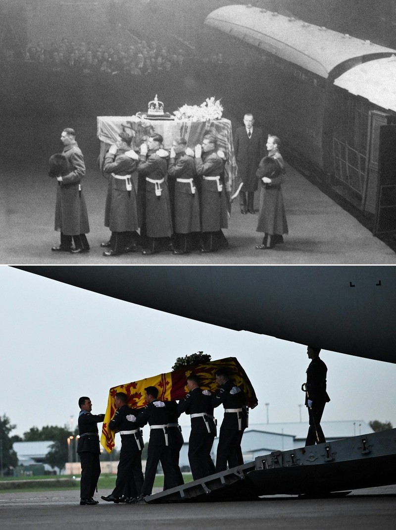 (SUS) Sicriul regelui George al VI-lea sosind cu trenul de la Wolfert după procesiunea Sandringham la gara King Cross din Londra, pe 11 februarie 1952. (JOS) Sicriul cu trupul reginei Elisabeta a II-a este adus la Londra cu un avion militar pe 13 septembrie 2022, înainte ca acesta să fie transportat la Palatul Buckingham. Foto: Profimedia