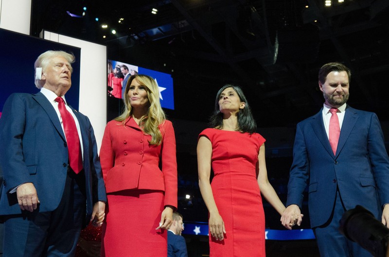MILWAUKEE, WISCONSIN - JULY 18: Former U.S. President Donald Trump (L), his wife Melania Trump (2nd L), Usha Chilukuri Vance (2nd R) and Trump's pick for Vice President, U.S. Sen. J.D. Vance (R) attend the Republican National Convention (RNC) at the Fiserv Forum in Milwaukee, Wisconsin, United States on July 18, 2024. Jacek Boczarski / Anadolu/ABACAPRESS.COM