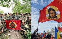 Un steag care înfățișează chipul lui Iisus Hristos, considerat un simbol al armatei ruse, este promovat intes, în ultimii ani, la protestele organizate de partidul extremist AUR sau cele pro-Călin Georgescu Sursa foto vkru   x   George S
