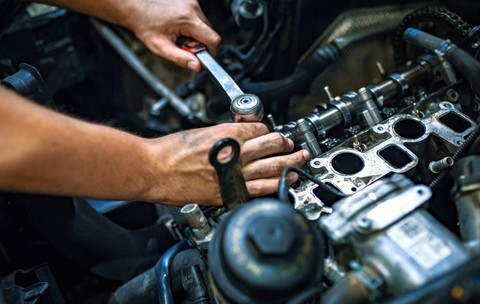 Imaginea prezintă mâinile unui mecanic auto folosind o cheie mecanică pentru a efectua reparații la motorul unui vehicul.