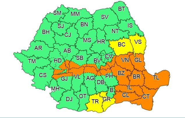 Harta zonelor vizate de noua atenționare meteo