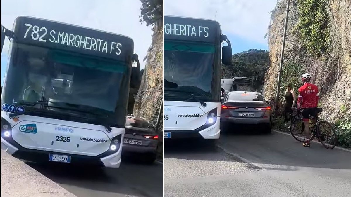 Un BMW rămâne blocat pe un drum îngust în Portofino