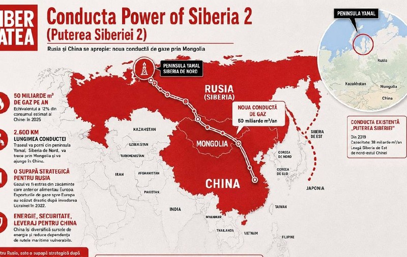 Ce este gazoductul Puterea Siberiei 2 al cărui construcție ar costa 34 de miliarde de dolari și cum ar arăta pe hartă