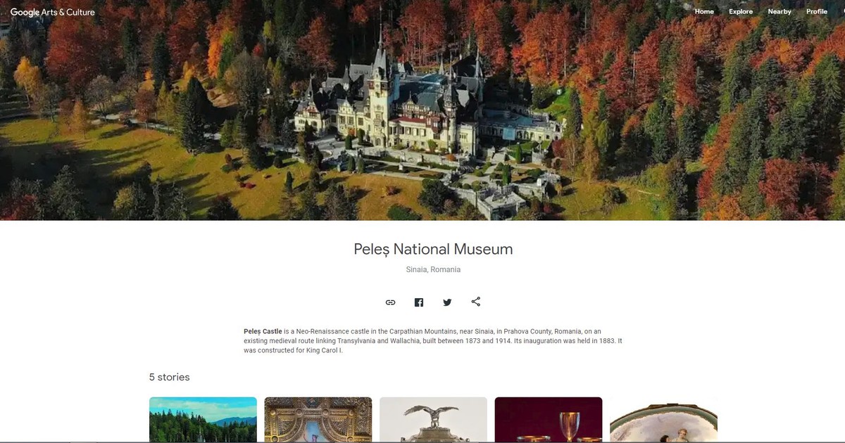 Castelul Peleș și Muzeul Național Cotroceni, disponibile Google Arts & Culture. Castelul Peleș pe Google Arts & Culture