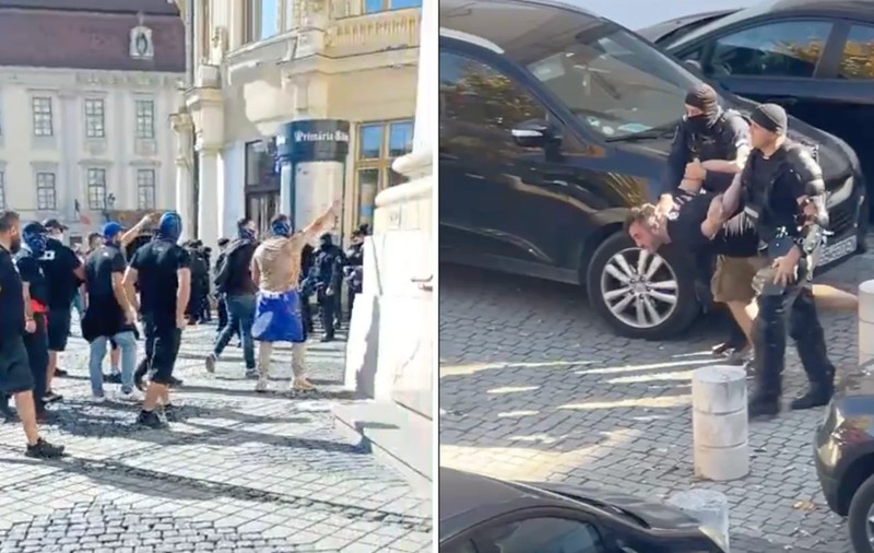 Bătăi între suporterii echipelor Poli Timișoara și Steaua București în centrul istoric din Sibiu. Foto: turnulsfatului.ro
