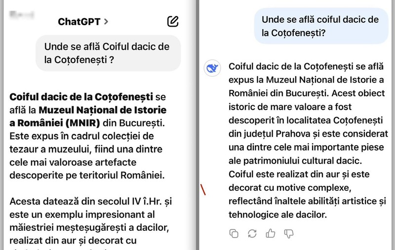 Răspunsul primit de Dan Negru de la Deep Seek și Chat GPT când a întrebat „Unde se află coiful dacic de la Coțofenești?”: „Praf ambele”