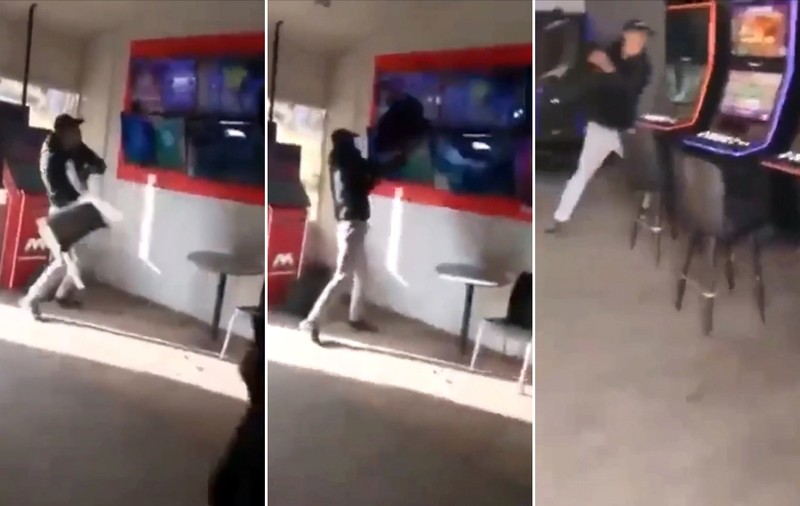 Un tânăr din Amara, filmat când distruge aparatele și televizoarele dintr-o sală de jocuri de noroc. „«Broască», stai, mă, cuminte”