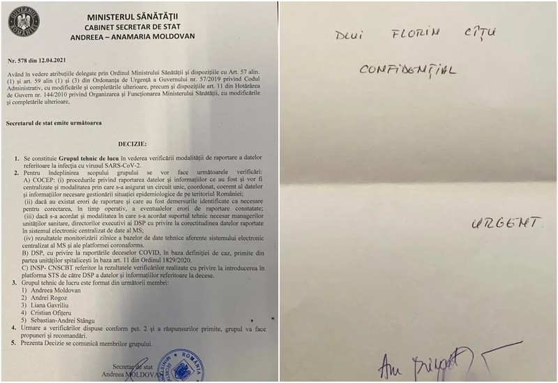 Documentul semnat de fostul secretar de stat, Andreea Moldovan, din 12 aprilie, arată decizia de înființare a unui ”grup tehnic de lucru” care urma să verifice ”modalitatea de raportare a datelor referitoare la infecția cu virusul SARS-CoV-2”. Pe a doua pagină este scris mesajul ”Dlui. Florin Cîțu. Confidențial. Urgent” și este o semnătură cu mențiunea ”Am primit”.