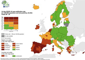 Harta situației epidemiologice pentru COVID-19, raportată în ultimele două săptămâni în țările UE Foto: ECDC