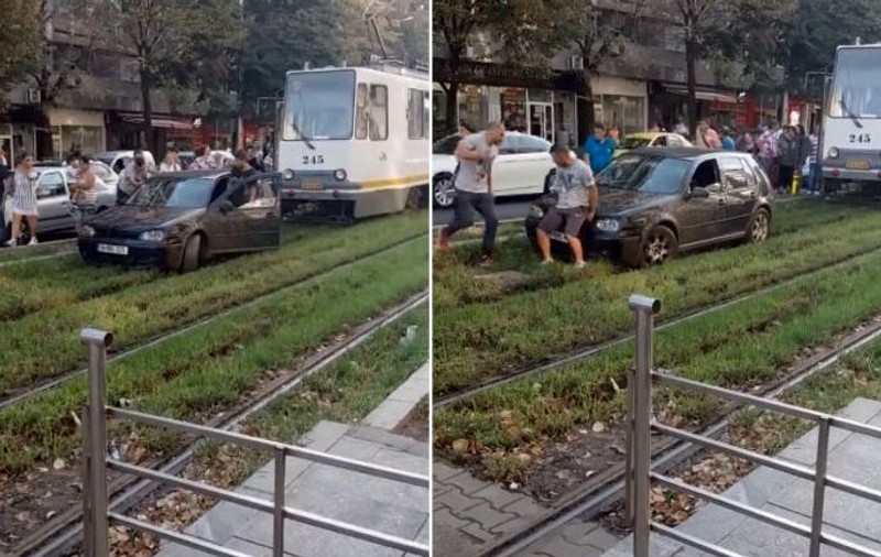 Un șofer din București a rămas cu mașina înțepenită pe liniile de tramvai |VIDEO
