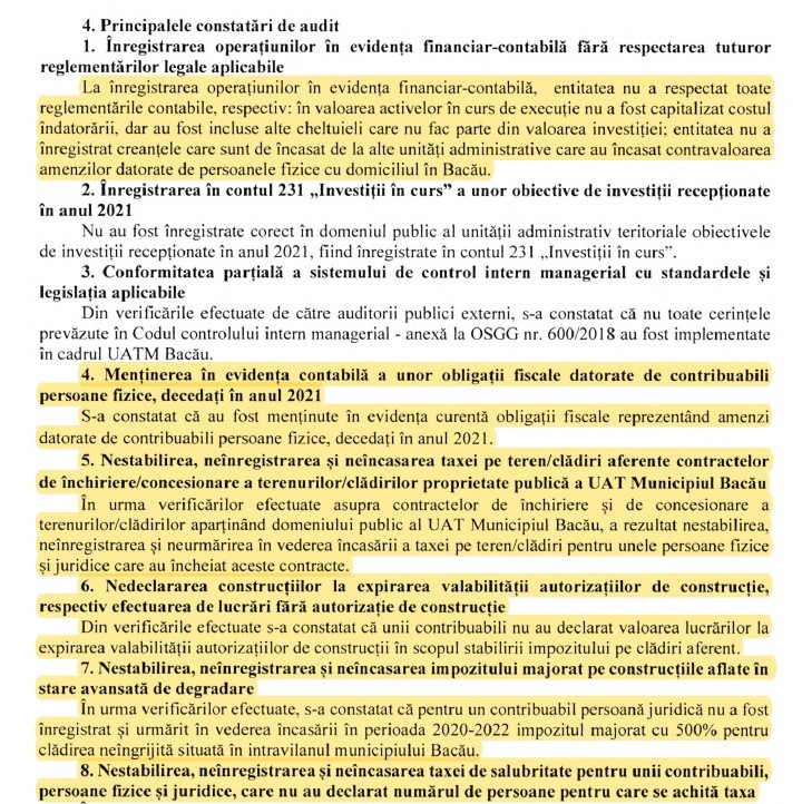 O parte dintre neregulile găsite de Curtea de Conturi la Primăria Bacău